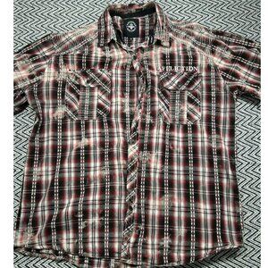 Affliction Men's XL Red/Black Plaid Button-Up Shirt Embroidered Design Studs
